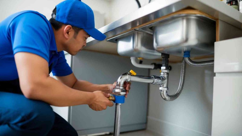 Under-sink reverse osmosis unit being serviced by a plumber