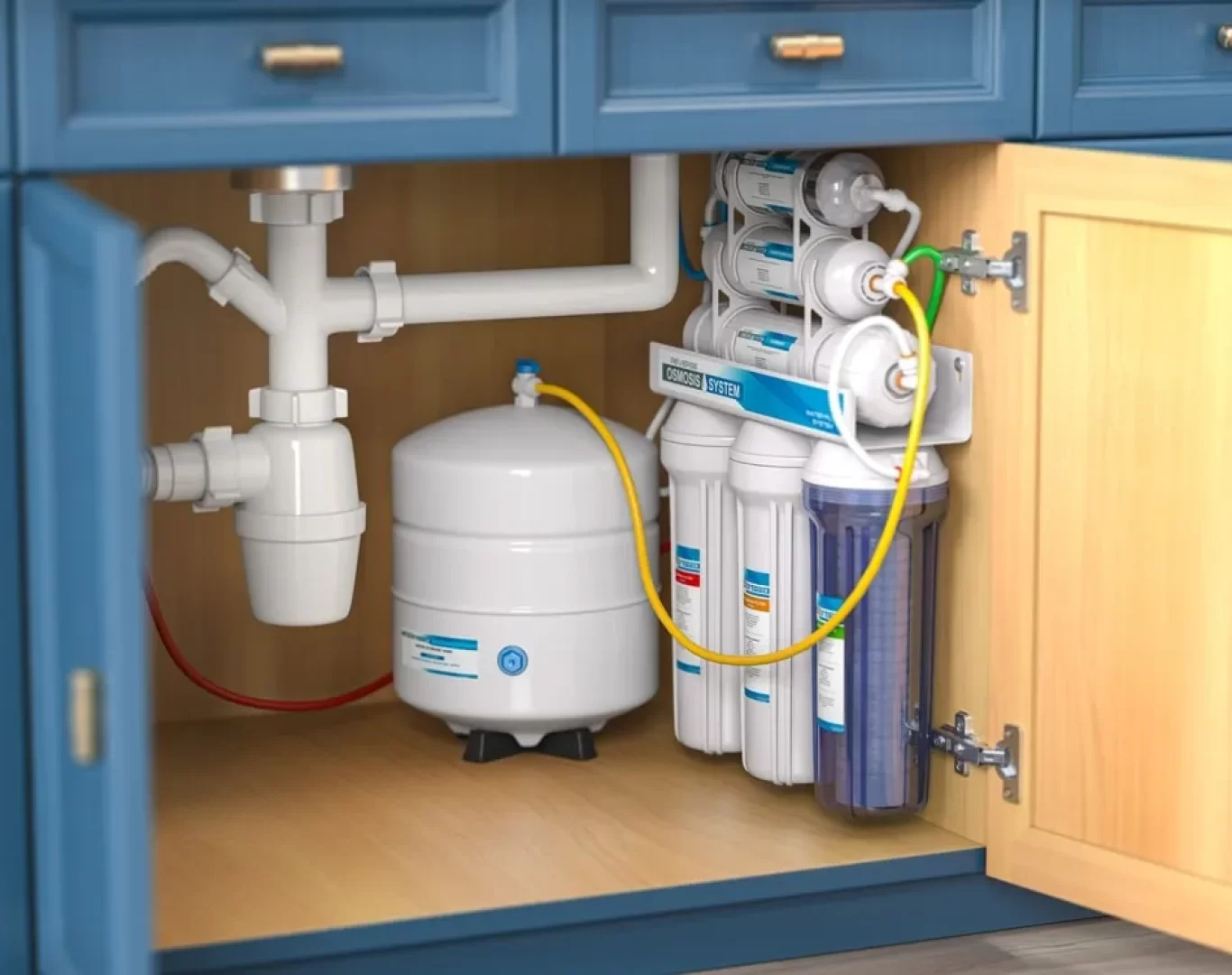 Under-sink reverse osmosis unit being serviced by a plumber